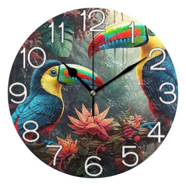 Imagem de GAIGEO Relógio de parede analógico decorativo estético silencioso sem tique-taque relógio de cozinha fofo, arte de parede moderna legal decoração de casa pássaro engraçado flores vermelhas florais, 25