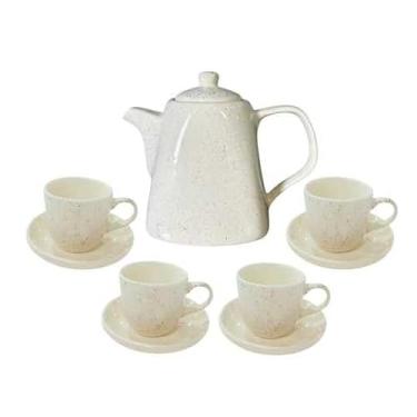 Imagem de Jogo de Chá ou Café Artesanal em Cerâmica com Bule 1,2L e 4 Xícaras 100ml com Pires – Pintado à Mão(Chapisco)