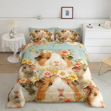 Imagem de Jogo de cama solteiro com estampa de porquinho-da-índia, animais de estimação fofos, 2 peças, para decoração de quarto de crianças, meninas, meninos, mulheres, margarida, floral, acolchoado, edredom