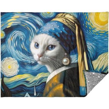 Imagem de Cobertores de sofá com pintura noturna estrelada de gato engraçado personalizado para cama 177.8 cm x 139.7 cm presentes de viagem fofos mulheres adultos cobertores macios engraçados