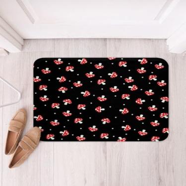 Imagem de Tapete de banheiro de microfibra cogumelos Kawaii antiderrapante tapete de banheiro desenho vermelho preto botânico absorvente tapete estrelas tapete macio aconchegante para decoração de quarto, sala de estar, 40,64 cm x 60,96 cm