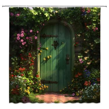 Imagem de Cortina de chuveiro de jardim italiano rústica cena da Grécia colorida floral planta verde parede tijolo porta de celeiro fazenda paisagem rústica vintage decoração de banheiro cortinas de tecido
