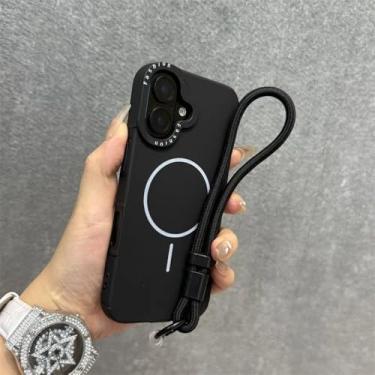 Imagem de Capa de couro PU da moda para iPhone 15 16 Plus 14 13 12 Pro Max 11 com alça de pulso e cordão magnético, capa macia à prova de choque, preta, para iPhone 13