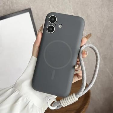 Imagem de Capa de silicone líquido macia da moda para iPhone 13, 12, 14, 15, 16 Pro Max, 16 Plus, cor sólida, alça de pulso, capa de telefone, cinza, para iPhone 13