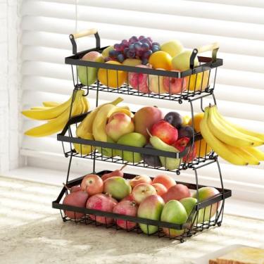 Imagem de Fruteira Cesto de Mesa 3 Andares em Metal Preto com Alça de Madeira pequena – Cesta Organizadora de Frutas Decorativa para Cozinha e Sala (3 Níveis com Alça)