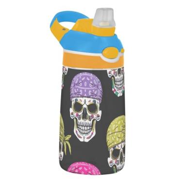 Imagem de Garrafa de água infantil Tritan de 473 ml com tampa de palha, garrafa de água esportiva portátil de 473 ml, copo infantil reutilizável à prova de vazamento, alça de transporte, caveiras coloridas