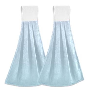 Imagem de Joitme Toalhas de mão elegantes gradientes de luz azul com laço para pendurar, pacote com 2 toalhas de cozinha, toalhas de prato macias de lã coral para cozinha e banheiro