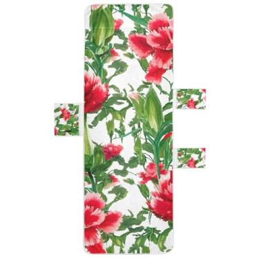 Imagem de Coberturas de espreguiçadeira de folhas verdes com cravos florais vermelhos, toalha de praia, piscina, com bolsos, espreguiçadeira de praia 216 x 76 cm