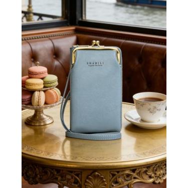 Imagem de Bolsa tiracolo feminina de couro azul, carteira com zíper multicamadas e bolsa de pulso