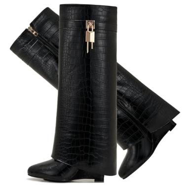Imagem de CDHYX Botas de plataforma femininas modernas, bico quadrado, salto grosso, com design de zíper lateral, Preto - crocodilo - 1, 36 BR