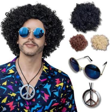 Imagem de Peruca Hippie Afro Retrô colar e óculos festa anos 50 60 70 Cor:Preto 
