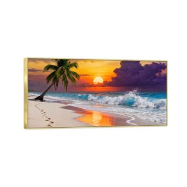 Imagem de Quadro dourado arte de parede paisagem impressões em tela - palmeira praia pôr do sol pintura decoração - imagens para quarto 50 x 100 cm 20 x 39 pol