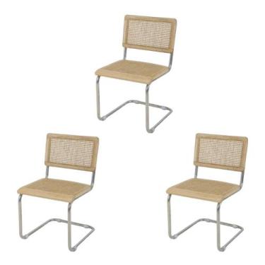 Imagem de Kit 3 Cadeiras de Jantar Cesca com Base Inox Assento Encosto em Palha 
