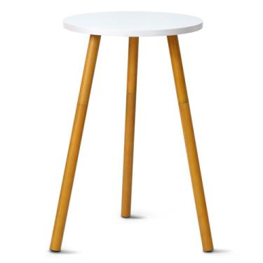 Imagem de KINNARY Suporte alto para plantas internas, suporte de flores brancas de madeira de meados do século para canto, suporte de plantas de metal, mesa lateral redonda pequena para decoração de casa