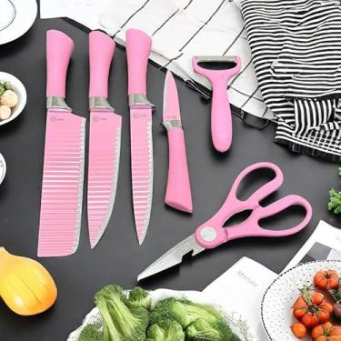 Imagem de Kit Facas de Cozinha Profissionais 6 Peças em Aço Inox + Tesoura – Antiaderente Ultra Afiado para Carnes, Pães e Legumes(rosa)