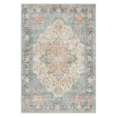 Imagem de RELEANY Tapetes de área 9,5 x 1,8 m lavável, antiderrapante, floral, vintage, estampa de angústia, tapete medalhão para sala de estar, quarto, sala de jantar, azul, laranja, vermelho