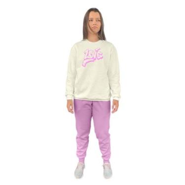 Imagem de Conjunto de Moletom Feminino Blusa Sem Capuz e Calça Jogger Estampado 