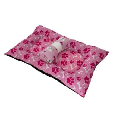 Imagem de Colchonete Pet Patinhas 60x40 + Manta Soft - Dedobrinquedo, Preto/Cinz