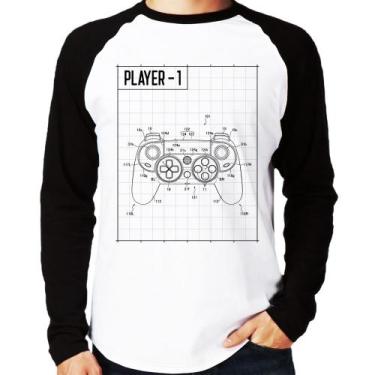 Imagem de Camiseta Raglan Player 1 Controle Joystick Manga Longa - Foca na Moda,