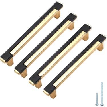 Imagem de ESreake 4 peças de puxadores de armário preto e dourado, puxador de gaveta de liga de zinco de dois tons de qualidade pesada, puxadores de armário preto e dourado para armário de cômoda (4, preto e