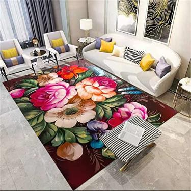 Imagem de Tapete para sala de estar 70 x 140 cm folhas verdes padrão de flores coloridas decoração de casa macio e bonito tapete de cadeira de mesa para carpete