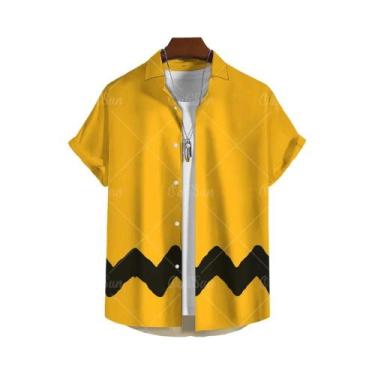 Imagem de Camisa Masculina Amarela Oversized Com Estampa Havaiana, Blusa Casual 