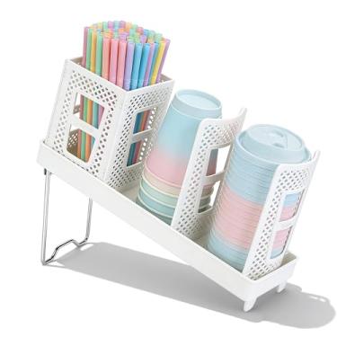 Imagem de Honlibey Dispensador de copo de café com suporte para canudos, copo de café de plástico e suporte de tampa, organizador de copos de papel descartáveis de 142 a 590 ml para bancada, estação, bar