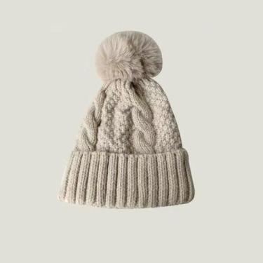 Imagem de Gorro Feminino Quente De Tricô Grosso Com Pompom De Pele Sintética, To