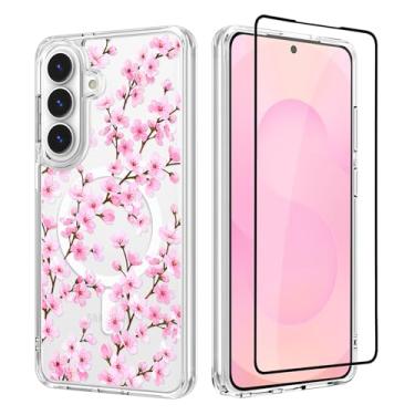 Imagem de OOK Capa protetora magnética antiqueda para Samsung Galaxy S25 Plus compatível com Magsafe, linda floral elegante estética fina e transparente para meninas e mulheres - flor de cerejeira rosa