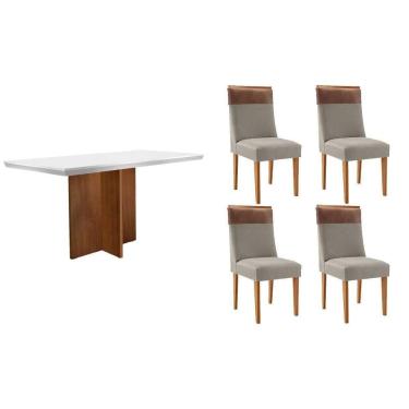 Imagem de Mesa Cozinha Berlim c/ Tampo Madeirado c/ Vidro Canto Curvo 120x80cm e 4 Cadeiras Jaspe Madeira Maciça Naturale/Off White - Capuccino/Suede Capuccino-