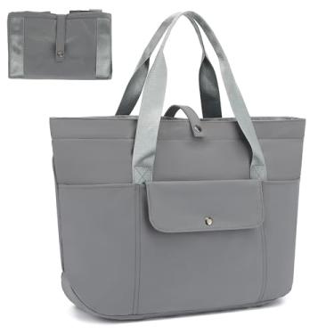 Imagem de TANTOMI Bolsa feminina dobrável, à prova d'água, com zíper, bolsa de ombro grande para viagem - 52 cm C x 15 cm L x 35 cm A, Cinza, One Size