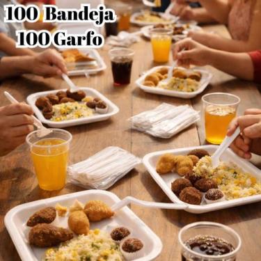 Imagem de Kit 200 Descartavel Bandeja B3 + Garfo Refeição Churrasco - Crgfestas