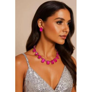 Imagem de L32-L1926-Conjunto Feminino Colar e Brinco Zirconia Grande Rosa Pink D