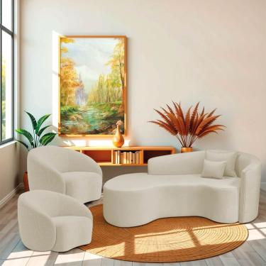 Imagem de Kit Recamier Curvo Sala De Estar Inglaterra 180cm Lado Esquerdo E 2 Poltronas Orgânica Luxo Amore Bouclé Bege