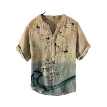 Imagem de Camisa Casual Masculina Com Decote Em V Pequeno, Estampa De Flor De Ma