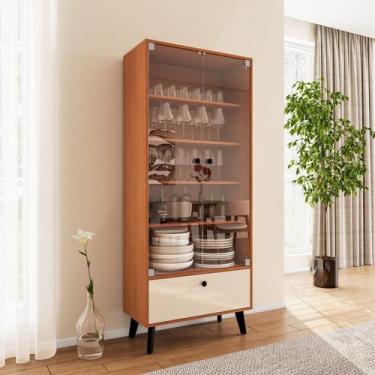 Imagem de Cristaleira 2 Portas de Vidro 1 Gaveta 4 Prateleiras 75cm Creme Freijó