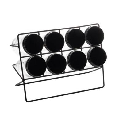 Imagem de 8 Potes Lyor para Temperos de Vidro e Suporte de Metal Preto