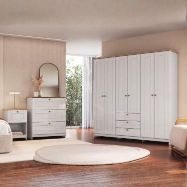 Imagem de Quarto Completo Casal com Guarda-roupa 6 Portas Cômoda 3 Gavetas e Mesa de Cabeceira Am...