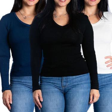 Imagem de Kit 3 blusas feminina manga comprida segunda pele gola v - Maranne, Ki