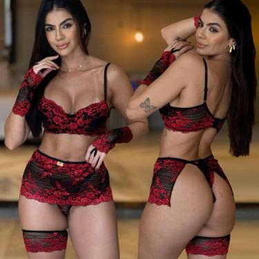 Imagem de Conjunto Lingerie Sensual Luvas Cinta Liga Calcinha fio Dental Renda B