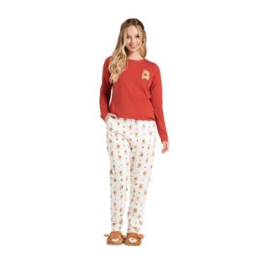 Imagem de Pijama Manga Longa Feminino Pzama 100% Algodao Estampa Ursinho, Terrac