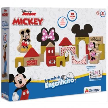 Imagem de Brinquedo Educativo de Construção Brincando de Engenheiro Mickey e Minnie 70 Peças Madeira Xalingo