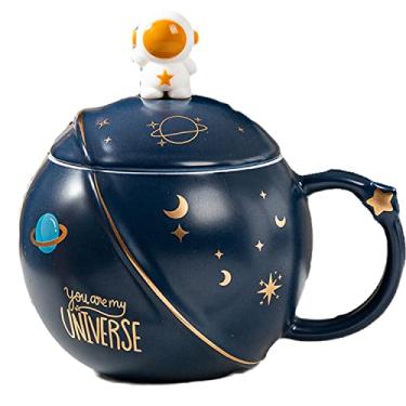 Imagem de seelucky Caneca de astronauta com colher criança caneca de leite de cerâmica 3D xícara de café caneca de desenho animado xícara de chá universo presente de aniversário (você é meu universo azul escuro)