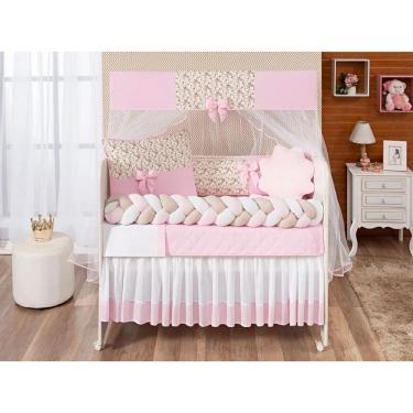 Imagem de Kit Berço Menina Rosa Doce Bebê Clássico Trançado 12 Peças