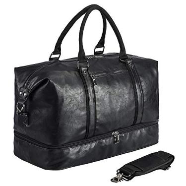 Imagem de Bolsa de viagem de couro com bolso para sapatos, bagagem de mão grande, impermeável, esportiva, A3 - Preto, L, Clássico