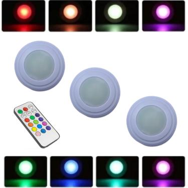 Imagem de Kit 3 Spots Luminárias Lâmpadas Redondas Sem Fio rgb Coloridas Multicolor Led Com Controle Remoto Para Paredes Armários