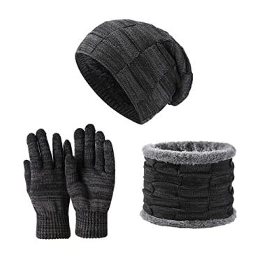Imagem de Qudai Conjunto de luvas de gorro e cachecol de malha de inverno com forro de lã grossa gorro quente luvas tela sensível ao toque para homens mulheres