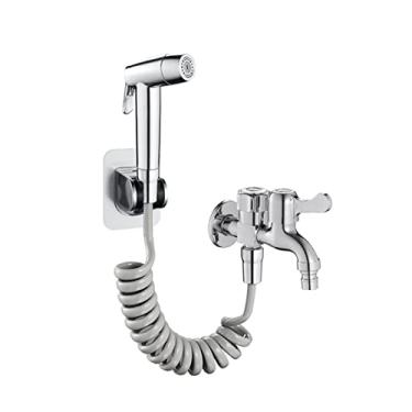 Imagem de LIDON Bidê para pulverizador de vaso sanitário cabeça de pulverizador de bidê cromado jato para pano de banheiro pulverizador de fraldas para pia modo duplo 2m mangueira G1/2 torneira dupla para banheiro, escovado (cor: cromado)