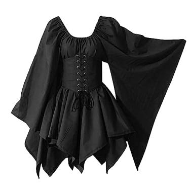 Imagem de Fantasia medieval feminina com manga trompete, vestido irlandês com espartilho vestido tradicional saída de praia plus size, Preto, 3G