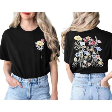 Imagem de Camiseta feminina vintage floral casual boho estampa floral girassol flores silvestres camisetas para meninas, 024 - Preto, M